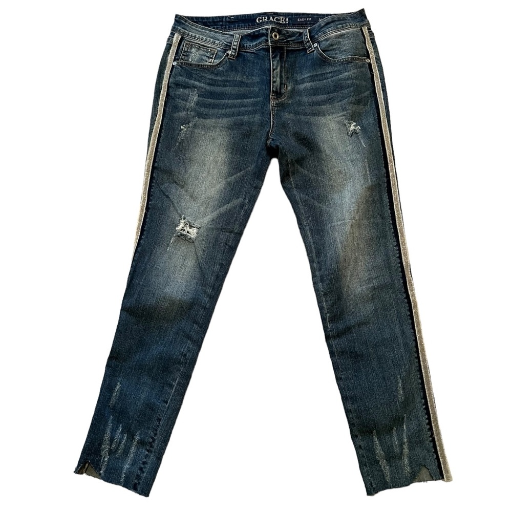 Grace in LA Blue Distressed Slim Jean with Silver Ribbon Side Detail 31